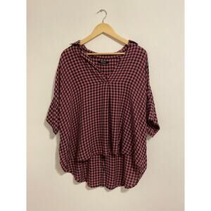 Madewell Women's Black & Pink Check Partial Button-Down Back V-Neck SZ XXL